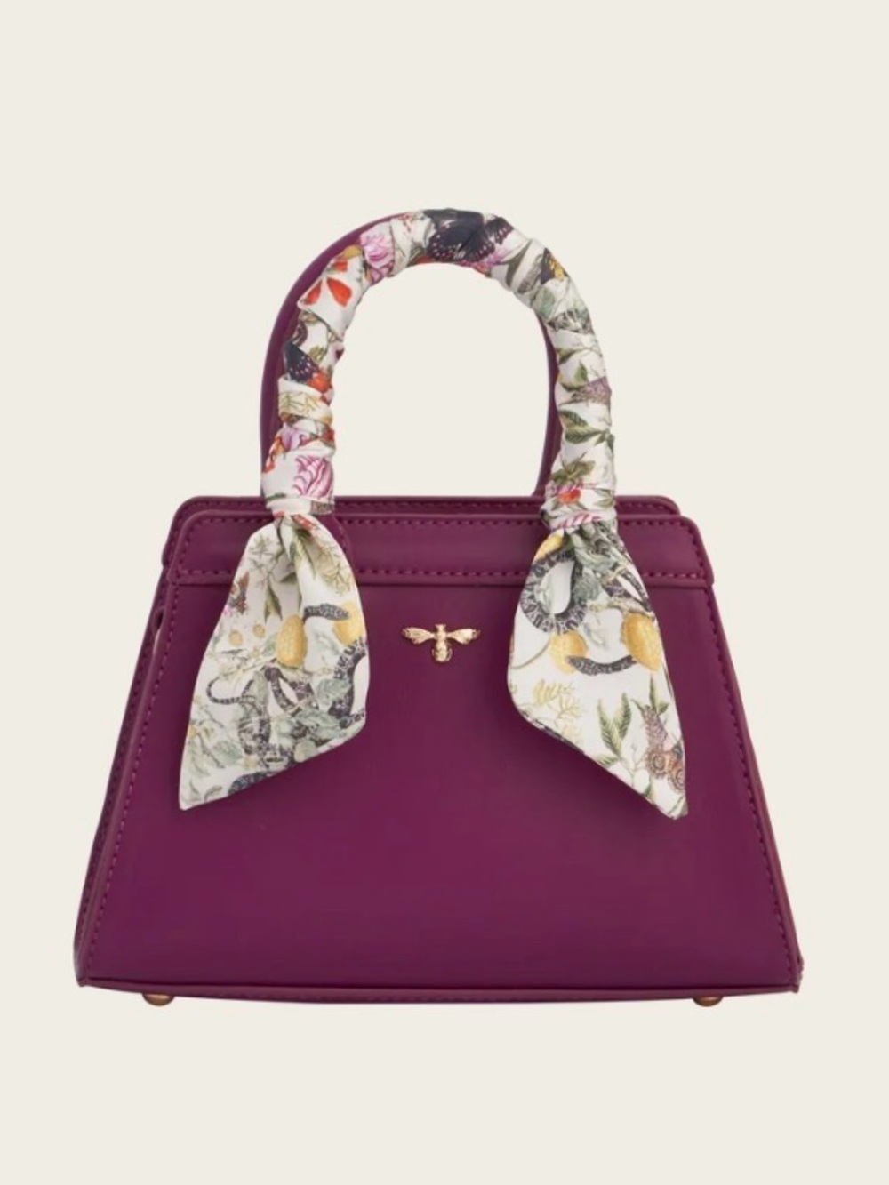 Fable England Floral Engravings Mini Plum Tote Satchel with Floral Scarf